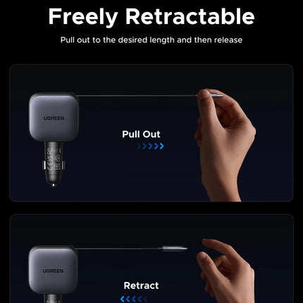 UGREEN 145W 90W 60W Cargador de coche 3 USB-C y 1 puertos USB-A PD QC4.0 Carga rápida con cable retráctil para iPhone 17 Pro MacBook