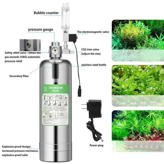 Kit de sistema generador de CO2 para acuario, cilindro generador de CO2 de acero inoxidable, Kit de Reactor de dióxido de carbono para plantas y peces