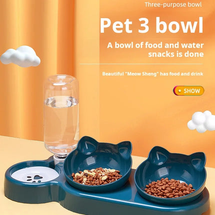 Cuencos para mascotas con alimentador de agua, diseño de oreja inclinado, juego de cuencos para agua y comida para gatos con botella de agua por gravedad para protección del cuello, 3 en 1