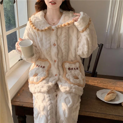 Conjunto de pijama de lana Coral para mujer, ropa de dormir cálida con forro polar para invierno, ropa de descanso de franela acogedora, traje para estar en casa, ropa de dormir cómoda