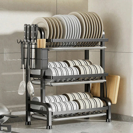 Dish Drainer with 3/2 Tiers, with Counter Drainer, Multifunctional Kitchen Drainer with Tools, with Holder for Knives, Cutlery and Cutting Boards, Christmas