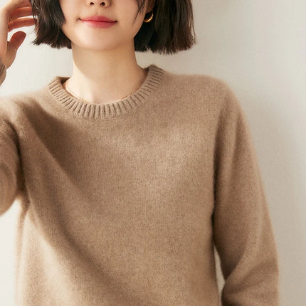 Suéter elegante de Cachemira de 100% con cuello redondo para mujer, jersey de Color sólido, ropa informal básica de otoño e invierno, prendas de punto gruesas y cálidas, Tops suaves