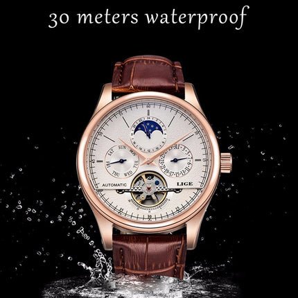 Reloj Mecánico Automático LIGE para Hombre – Tourbillon con Correa de Cuero Genuino