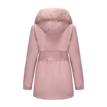 Abrigo de longitud media con capucha marrón oscuro para mujer recién llegado de invierno, chaqueta gruesa elegante y cálida. Parkas caqui, negro, azul y rosa.