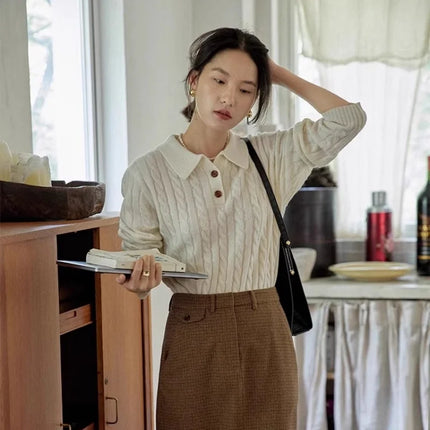 100% suéter de lana pura para mujer 2025 Otoño/Invierno nuevo jersey con cuello POLO moda coreana solapa suave Top de Cachemira de punto para mujer