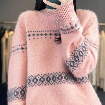 Jersey de punto de lana 100%, superventas, suéter jacquard con cuello redondo, top grueso holgado a la moda para otoño e invierno para mujer