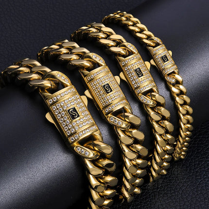 Pulsera Cubana Hip Hop de Lujo – Acero Inoxidable con Baño de Oro de 14K y Diamantes Simulados