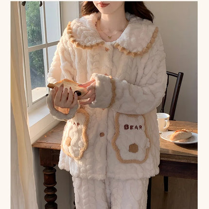 Conjunto de pijama de lana Coral para mujer, ropa de dormir cálida con forro polar para invierno, ropa de descanso de franela acogedora, traje para estar en casa, ropa de dormir cómoda