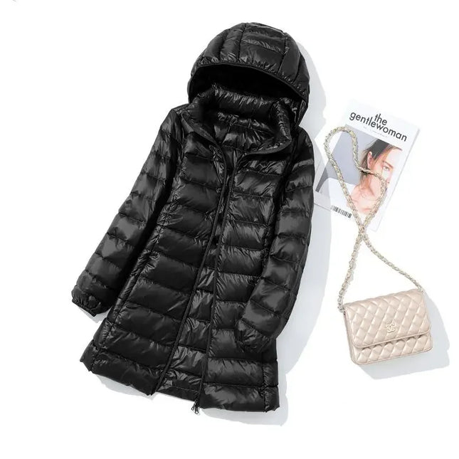 Haze Blue Chaqueta larga liviana para mujer, abrigo de manga larga con capucha, talla asiática M-7XL, Parkas disponibles en rojo, negro, azul y morado