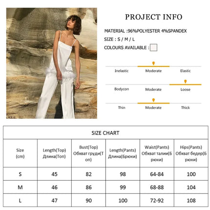 Pijamas de satén con plumas para mujer, conjuntos de ropa de dormir con pantalones, traje para casa con tirantes finos negros, trajes de pantalón blanco 2022