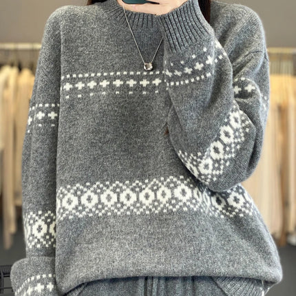 Jersey de punto de lana 100%, superventas, suéter jacquard con cuello redondo, top grueso holgado a la moda para otoño e invierno para mujer