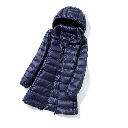 Haze Blue Chaqueta larga liviana para mujer, abrigo de manga larga con capucha, talla asiática M-7XL, Parkas disponibles en rojo, negro, azul y morado