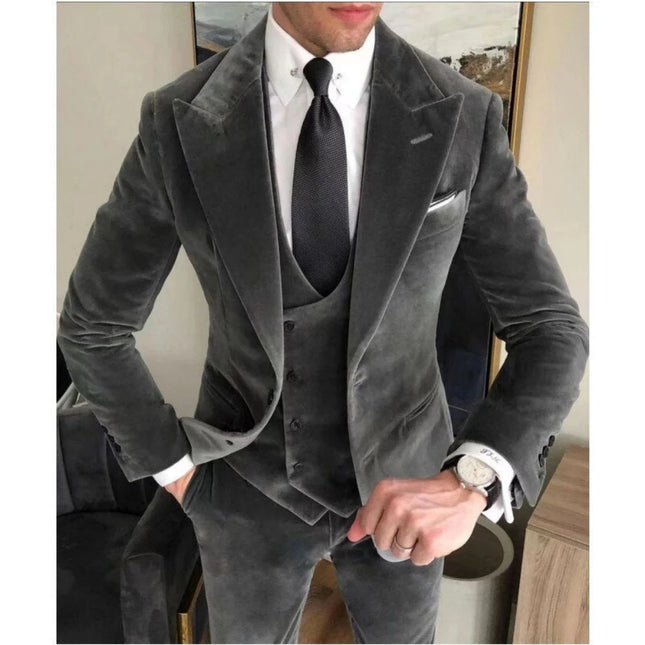 Conjuntos de chaqueta de terciopelo gris de negocios, trajes de boda para hombre, trajes ajustados personalizados para hombre, trajes formales elegantes de 3 piezas, chaqueta + Pantalones + chaleco