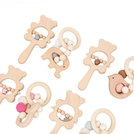 Juego de mordedor de madera para la dentición de dos piezas: conejo, erizo, elefante, pájaro, mordedores de madera de haya, sonajero de animales para bebé y juguete para masticar