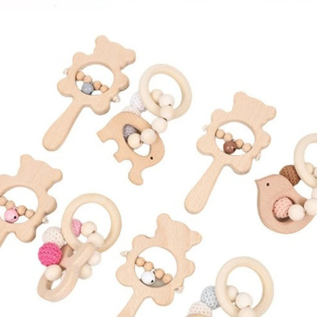 Juego de mordedor de madera para la dentición de dos piezas: conejo, erizo, elefante, pájaro, mordedores de madera de haya, sonajero de animales para bebé y juguete para masticar
