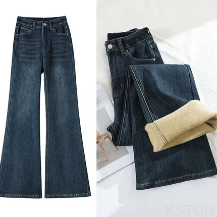 KSTUN 2025, pantalones vaqueros elásticos de lana de cintura alta Vintage para mujer, pantalones con parte inferior acampanada, pantalones vaqueros gruesos y cálidos, pantalones acampanados ajustados para mujer