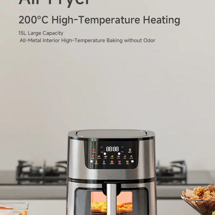 Freidora de Aire Eléctrica de Acero Inoxidable 15L – Cocina Inteligente de Gran Capacidad con Horno Tostador y Pantalla Digital