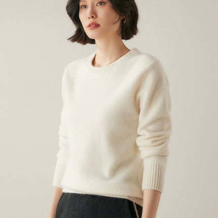 Suéter elegante de Cachemira de 100% con cuello redondo para mujer, jersey de Color sólido, ropa informal básica de otoño e invierno, prendas de punto gruesas y cálidas, Tops suaves