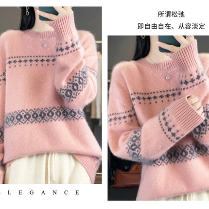 Jersey de punto de lana 100%, superventas, suéter jacquard con cuello redondo, top grueso holgado a la moda para otoño e invierno para mujer