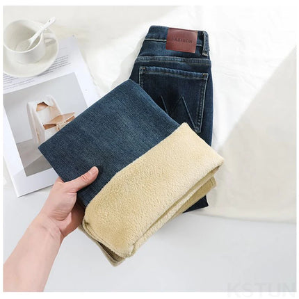 KSTUN 2025, pantalones vaqueros elásticos de lana de cintura alta Vintage para mujer, pantalones con parte inferior acampanada, pantalones vaqueros gruesos y cálidos, pantalones acampanados ajustados para mujer