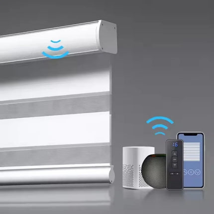 Precio de fábrica persianas de Control Wifi 100% poliéster doble tela conectar Alexa Google Homekit Motor persianas automáticas de cebra para el hogar