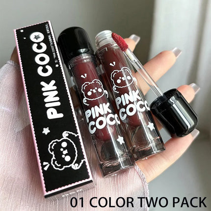 PINKCOCO Bear Doodle Mirror Lip Glaze - Brillo de labios brillante de larga duración, lápiz labial desnudo que brilla la piel, apto para estudiantes
