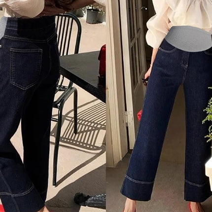 Nuevo artículo novedoso de moda coreana, pantalones vaqueros recortados elásticos de maternidad de mezclilla azul profundo, pantalones de verano y otoño para mujeres embarazadas