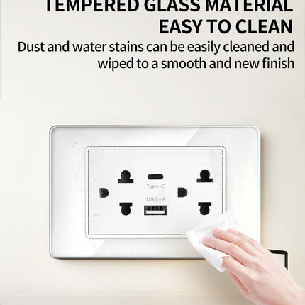 Enchufe de Pared de Vidrio Templado con Puertos USB Dual Tipo C – 118x75mm, 110V