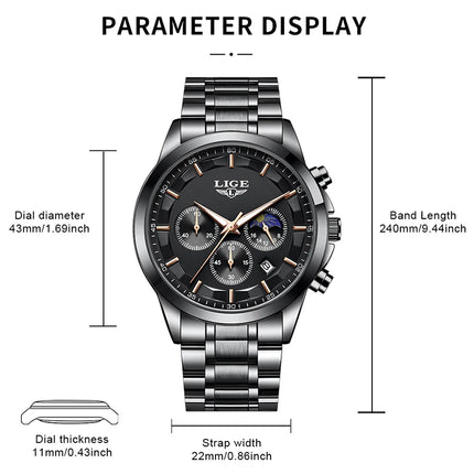 Reloj de Cuarzo LIGE para Hombre – Lujo Clásico con Fase Lunar y Fecha Automática