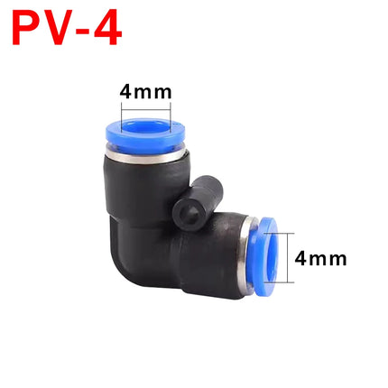 Juego de 20 Conectores Neumáticos en Codo PV – 90° de Plástico, Conector Rápido de 2 Vías (4mm / 6mm / 8mm / 10mm)