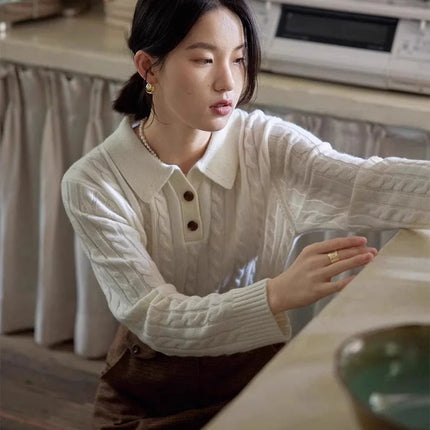 100% suéter de lana pura para mujer 2025 Otoño/Invierno nuevo jersey con cuello POLO moda coreana solapa suave Top de Cachemira de punto para mujer