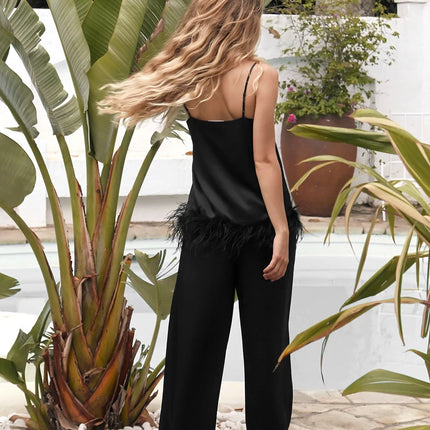 Pijamas de satén con plumas para mujer, conjuntos de ropa de dormir con pantalones, traje para casa con tirantes finos negros, trajes de pantalón blanco 2022