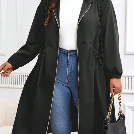 Abrigo con capucha y cremallera con cordón sólido de talla grande, ropa de abrigo informal con bolsillo de manga larga para otoño e invierno, ropa de mujer para uso diario