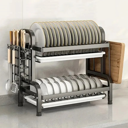 Dish Drainer with 3/2 Tiers, with Counter Drainer, Multifunctional Kitchen Drainer with Tools, with Holder for Knives, Cutlery and Cutting Boards, Christmas