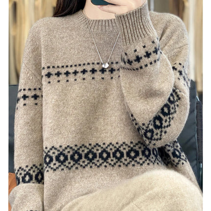 Jersey de punto de lana 100%, superventas, suéter jacquard con cuello redondo, top grueso holgado a la moda para otoño e invierno para mujer