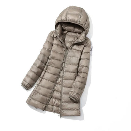 Haze Blue Chaqueta larga liviana para mujer, abrigo de manga larga con capucha, talla asiática M-7XL, Parkas disponibles en rojo, negro, azul y morado