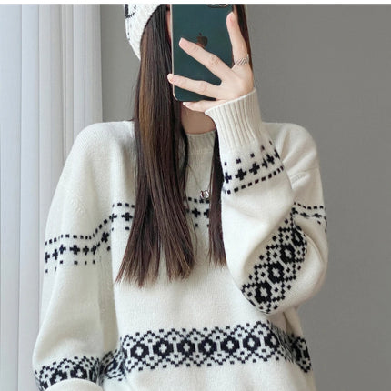 Jersey de punto de lana 100%, superventas, suéter jacquard con cuello redondo, top grueso holgado a la moda para otoño e invierno para mujer