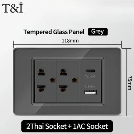 Enchufe de Pared de Vidrio Templado con Puertos USB Dual Tipo C – 118x75mm, 110V