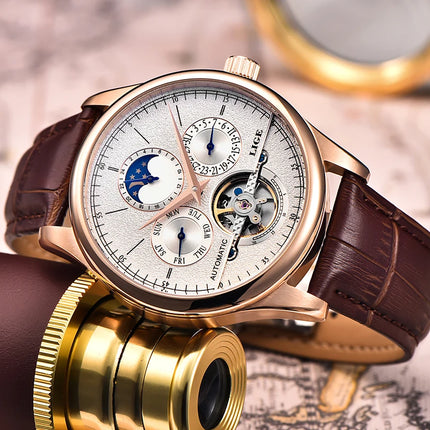 Reloj Mecánico Automático LIGE para Hombre – Tourbillon con Correa de Cuero Genuino