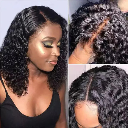 Pelucas de cabello humano virgen brasileño para mujer negra, pelo corto prearrancado con encaje Frontal 13x4, 180% de densidad, onda profunda
