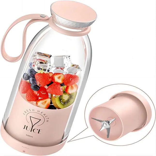 Exprimidor portátil de 500ml, mezclador de frutas inalámbrico recargable, botella de jugo fresco, licuadora, 6 cuchillas, batido de alimentos, taza trituradora de hielo, 2400mAh