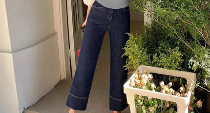 Nuevo artículo novedoso de moda coreana, pantalones vaqueros recortados elásticos de maternidad de mezclilla azul profundo, pantalones de verano y otoño para mujeres embarazadas