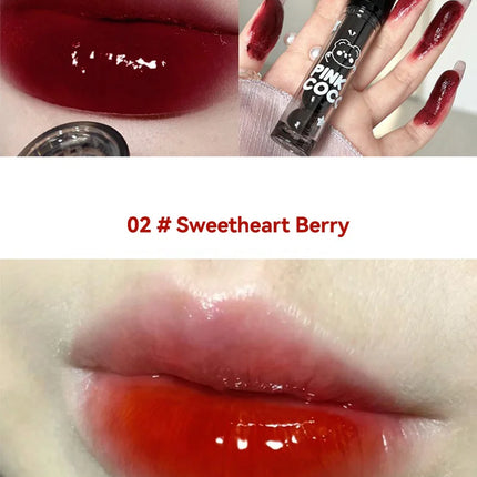 PINKCOCO Bear Doodle Mirror Lip Glaze - Brillo de labios brillante de larga duración, lápiz labial desnudo que brilla la piel, apto para estudiantes