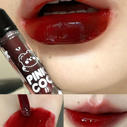 PINKCOCO Bear Doodle Mirror Lip Glaze - Brillo de labios brillante de larga duración, lápiz labial desnudo que brilla la piel, apto para estudiantes