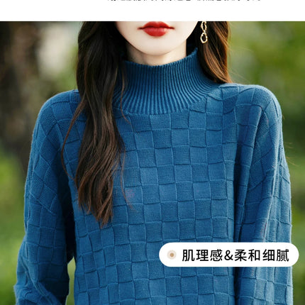 Suéter de algodón 100% para mujer, jersey de cuello medio alto, camisa con patrón cuadrado, Top de punto suelto a la moda, otoño e invierno, nuevo