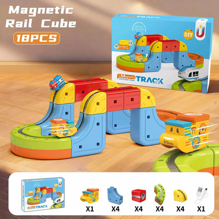 Tren electrónico mágico, cubo de juguete para niños, montaje artesanal, vía férrea, juego de bloques de construcción de automóviles, juguete educativo, regalos de navidad