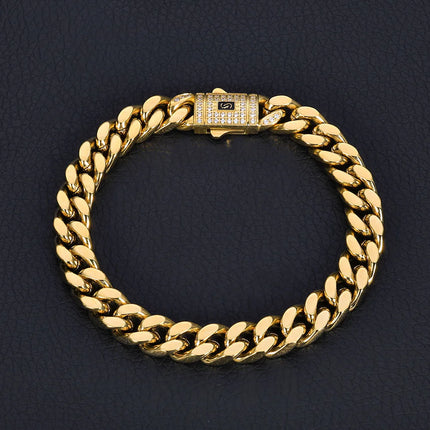 Pulsera Cubana Hip Hop de Lujo – Acero Inoxidable con Baño de Oro de 14K y Diamantes Simulados