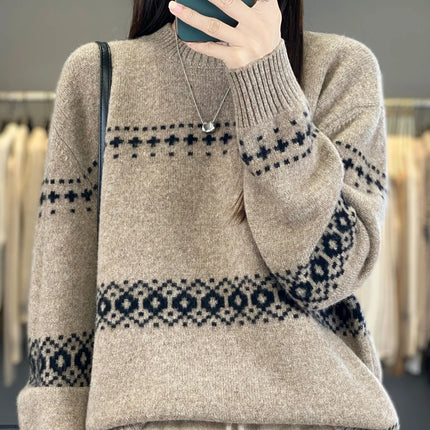 Jersey de punto de lana 100%, superventas, suéter jacquard con cuello redondo, top grueso holgado a la moda para otoño e invierno para mujer