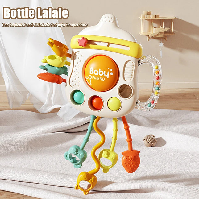 Juguete masticable para bebés en forma de botella de leche; Cuerda de sonajero para aliviar la dentición y desarrollar temprano