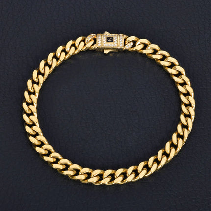 Pulsera Cubana Hip Hop de Lujo – Acero Inoxidable con Baño de Oro de 14K y Diamantes Simulados